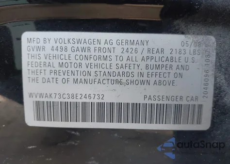 2008 Volkswagen Passat Komfort из США, поврежденный, VIN WVWAK73C38E246732